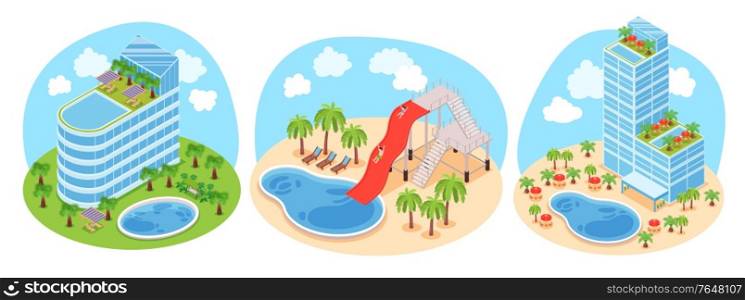 Isometric hotel water park design concept set of three round compositions with landscape hotel compound views vector illustration