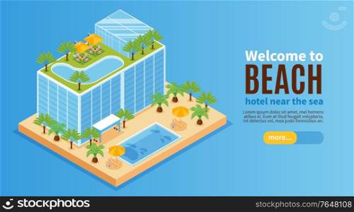 Isometric hotel water park horizontal banner with editable text more button and inn building with pools vector illustration