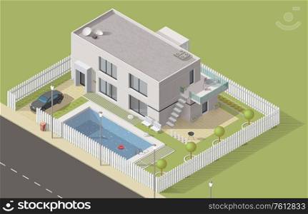 Isometric house 3d cottage building. Vector bungalow, villa or mansion design with green yard and swimming pool. City and village real estate house with car garage, balcony, bbq and terrace. Isometric house building, vector cottage