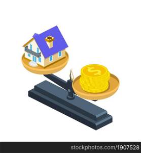 isometric house and gold dollar coins on weight scales. Real estate, price, finance and home concept. Sale purchase rent mortgage house. Vector illustration in flat style.. isometric house and gold dollar coins on weight scales. Real estate, price, finance and home concept