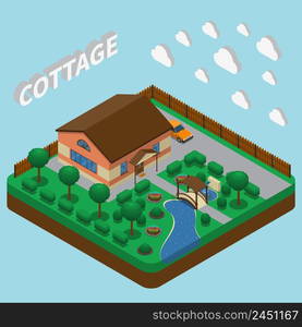 Isometric house composition with 3d text and images of clouds cottage with fenced adjacent territory vector illustration. Country Estate Isometric Composition