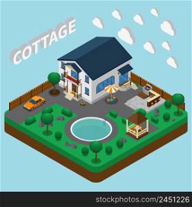 Isometric house composition with images of two-story cottage building and adjacent territory with round pool vector illustration. Vacation Home Isometric Composition