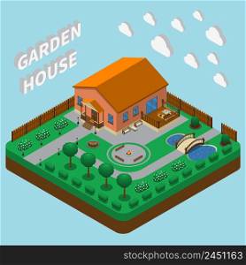 Isometric house composition with view of fenced territory with garden and cottage building with 3d text vector illustration. Country House Isometric Composition