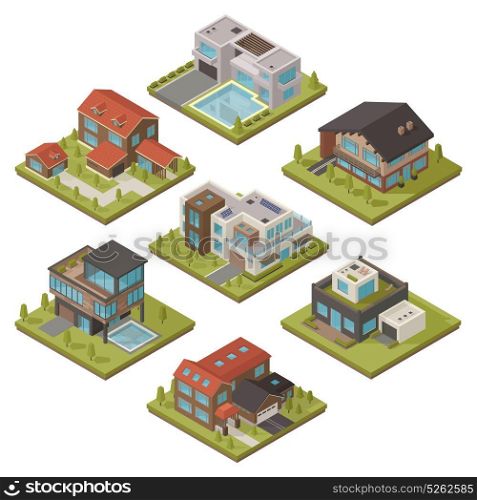 Isometric House Icon Set. Isolated colored and isometric house icon set with piece of landscape and different types of houses vector illustration