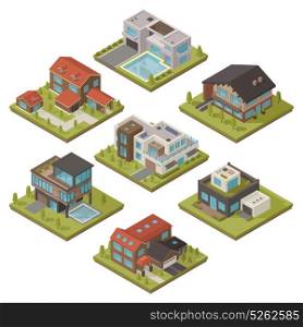 Isometric House Icon Set. Isolated colored and isometric house icon set with piece of landscape and different types of houses vector illustration
