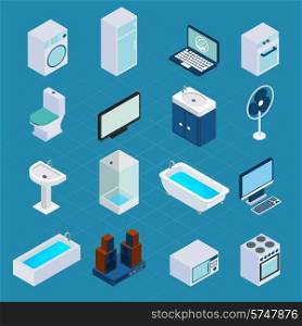 Isometric household appliances set with washing machine refrigerator computer 3d icons isolated vector illustration