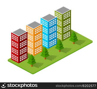 Isometric houses, town houses, skyscrapers and streets made in perspective projection for design sites, business portals and real estate agencies