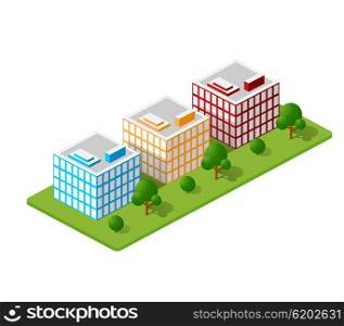 Isometric houses, town houses, skyscrapers and streets made in perspective projection for design sites, business portals and real estate agencies