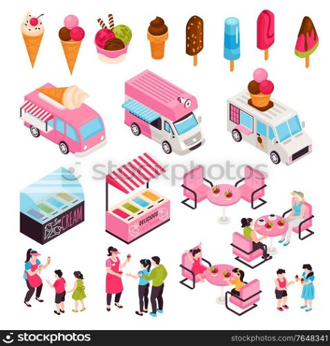 Isometric ice cream cafe set with isolated human characters cafeteria furniture with vans and icecream products vector illustration