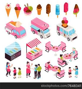 Isometric ice cream cafe set with isolated human characters cafeteria furniture with vans and icecream products vector illustration