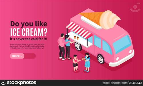 Isometric ice cream horizontal banner with editable text more button and people buying icecream in van vector illustration