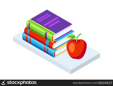Isometric icon books with apple.. Isometric icon books with apple. Education or bookstore illustration in flat design style.