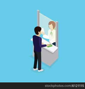 Isometric icon man with money at bank window. 3D business money, finance bank, service counter bank, cashier in bank, employee person, worker bank, financial specialist, payment cash operator in bank