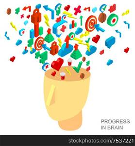 Isometric icon of human brain process, people thinking. human brain process