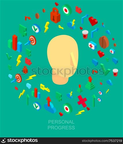 Isometric icon of human brain process, people thinking. Isometric icons collection of human brain process
