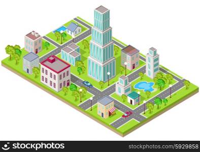Isometric icon of the city is flat. Building house architecture, street urban town, map and construction, skyscraper exterior, facade and estate, residential office or home illustration