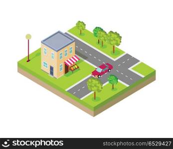 Isometric Icon of Two Storey Grocery Shop. Isometric icon of two storey grocery shop near the road. Building house architecture, street of urban town, map and construction, residential office or home. Vector illustration in flat style design.