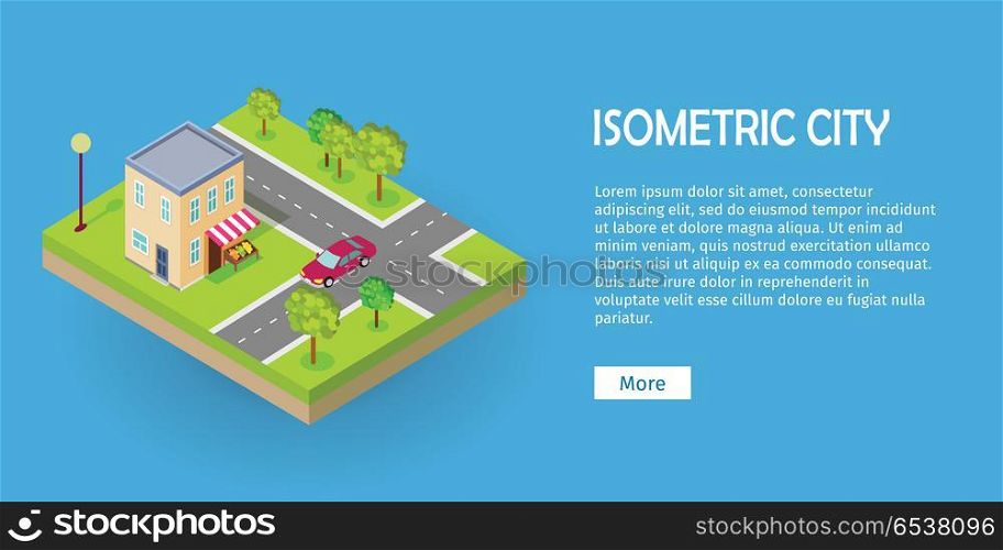 Isometric Icon of Two Storey Grocery Shop. Web. Isometric icon of two storey grocery shop near the road web banner. Building house architecture, street of urban town, map and construction, residential office or home. Vector in flat style design.