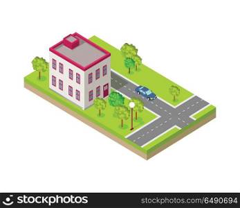 Isometric Icon of Two Storey House Near Road. Isometric icon of two storey house near the road. Building house architecture, street of urban town, map and construction, residential office or home. Vector illustration in flat style design.