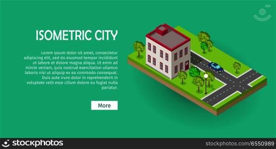 Isometric icon of two storey office center near the road web banner. Building house architecture, street of urban town, map and construction, residential office or home. Vector in flat style design.. Isometric Icon of Two Storey Office Center Web