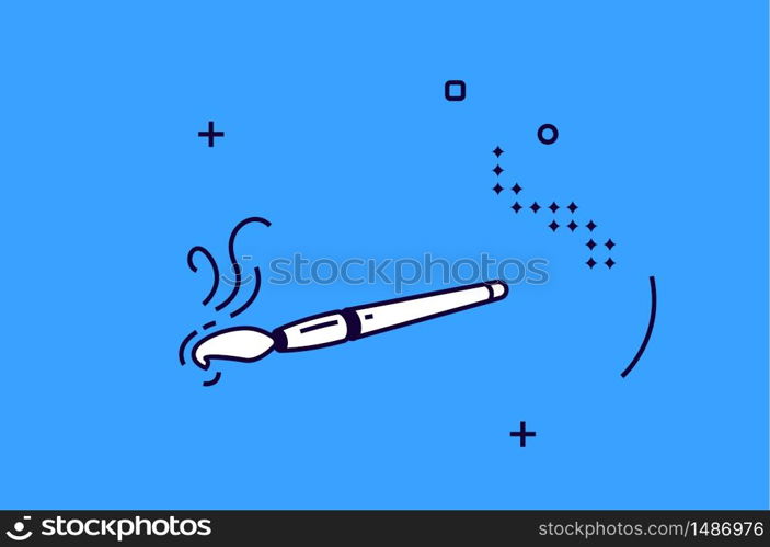 Isometric icon paint brush with linear smears and abstract elements on blue background. Paintbrush sign for infographics concept, symbol of art and drawing, artist tool 3d vector line art illustration. Isometric paint brush icon with linear smears