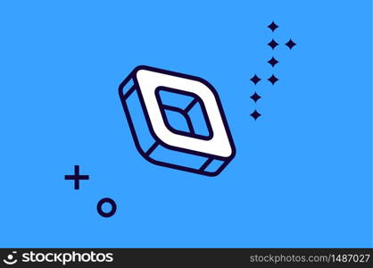 Isometric icon square shape with rounded corners and cavity in center with abstract linear elements on blue background. Infographics sign, symbol for business concept, 3d vector line art illustration. Isometric icon square shape with rounded corners