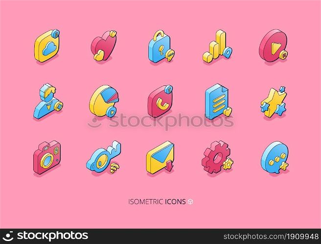 Isometric icons for social media. Network, internet marketing and communication concept. Vector set of phone, email, star, heart, user and message symbols for smm, blog or website. Isometric icons for social media and website