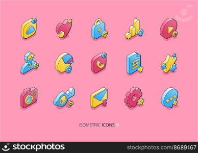 Isometric icons for social media. Network, internet marketing and communication concept. Vector set of phone, email, star, heart, user and message symbols for smm, blog or website. Isometric icons for social media and website
