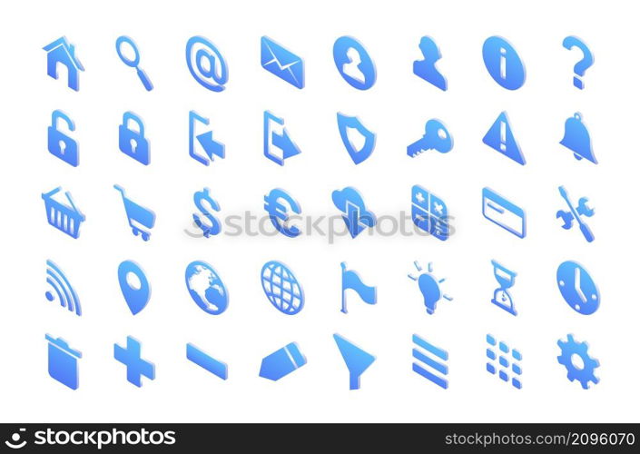 Isometric icons hourglass, light bulb, house, key, shield and padlock, magnifier, plus, minus, mail envelope and wifi, cogwheel, earth globe, map pin and exclamation mark isolated 3d vector signs set. Isometric icons, isolated 3d vector signs set