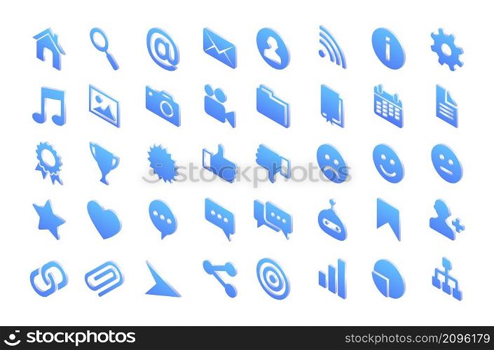 Isometric icons house, magnifier, mail envelope and wifi, cogwheel, exclamation mark, music notes and picture with photo or video camera. Document folder, paper file, star isolated 3d vector signs set. Isometric icons, isolated 3d vector signs set