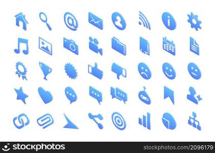Isometric icons house, magnifier, mail envelope and wifi, cogwheel, exclamation mark, music notes and picture with photo or video camera. Document folder, paper file, star isolated 3d vector signs set. Isometric icons, isolated 3d vector signs set