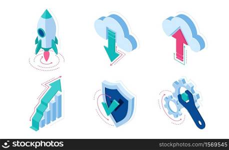 Isometric icons rocket take off, cloud download or upload data, grow arrow column chart, shield with check mark and wrench with gears. Infographics elements for web site design, 3d vector isolated set. Isometric icons infographics elements for web site