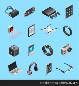 Isometric Icons Set Of Gadgets. Isometric icons set of different electronic gadgets for communication playing music photo and other functions isolated vector illustration