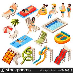 Isometric icons set with aqua park attractions and people swimming and relaxing isolated on white background 3d vector illustration