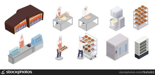 Isometric icons set with bakery equipment bakers shelves with baked bread isolated on white background 3d vector illustration