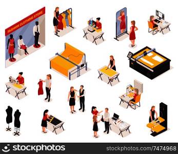 Isometric icons set with clothing store window sewing factory equipment workers and people trying on clothes isolated on white background 3d vector illustration