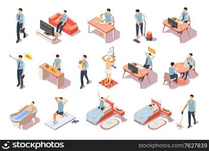 Isometric icons set with daily routine of man in morning afternoon evening 3d isolated vector illustration