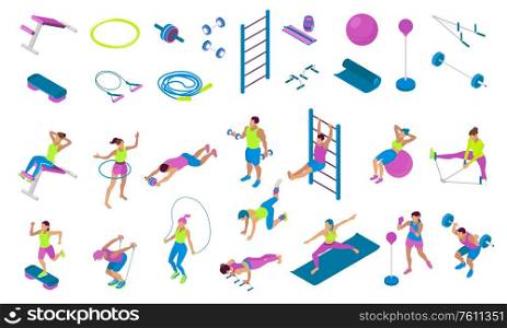 Isometric icons set with different fitness equipment and people using it during workout 3d isolated vector illustration
