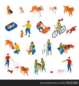 Isometric icons set with dogs and sitters looking after pets 3d isolated vector illustration