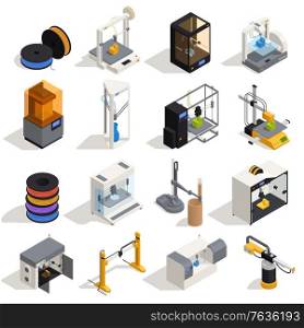 Isometric icons set with equipment for 3d printing isolated on white background vector illustration