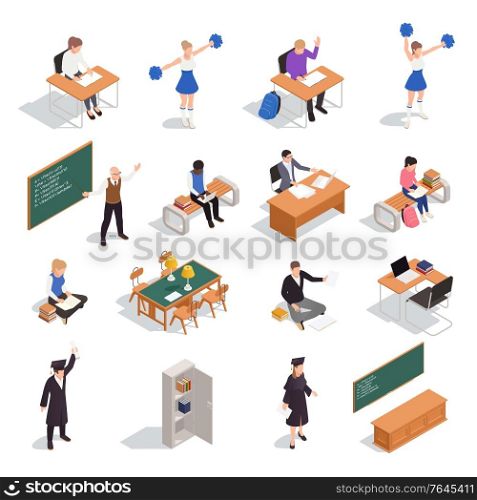 Isometric icons set with high school students teachers graduates and classroom furniture 3d isolated vector illustration