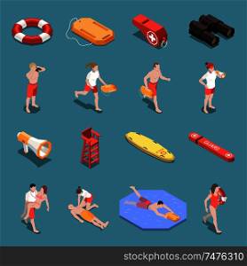 Isometric icons set with male and female beach lifeguards and their inventory 3d isolated vector illustration