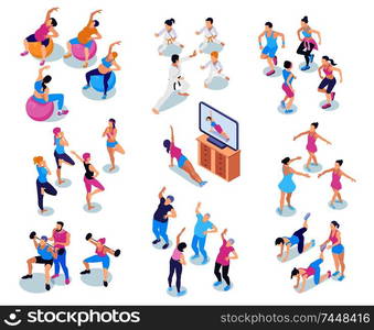 Isometric icons set with male and female people doing sports in gym and at home isolated on white background 3d  vector illustration