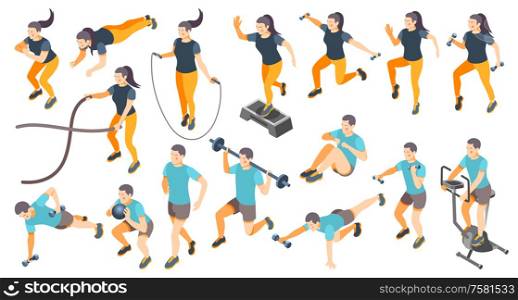 Isometric icons set with men and women doing cardio workout isolated on white background 3d vector illustration