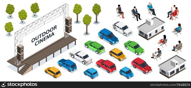 Isometric icons set with open air cinema screen cars trees and people on chairs isolated on white background 3d vector illustration
