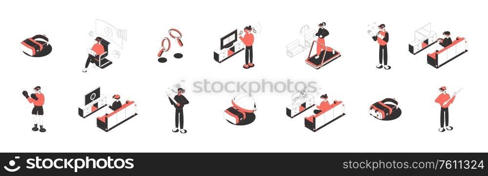 Isometric icons set with people in virtual reality glasses playing doing sports watching films isolated 3d vector illustration