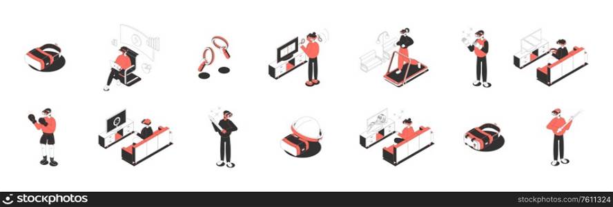 Isometric icons set with people in virtual reality glasses playing doing sports watching films isolated 3d vector illustration