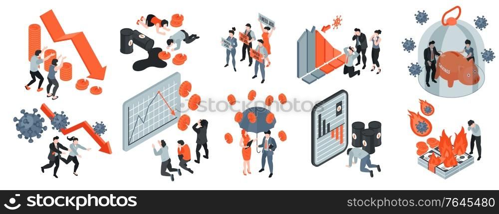Isometric icons set with people suffered from world financial crisis isolated on white background 3d vector illustration