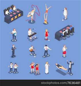 Isometric icons set with performing talent show contestants and judges isolated on blue background 3d vector illustration