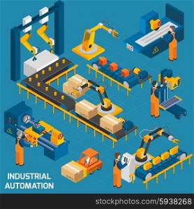 Isometric Icons Set With Robotic Machinery . Isometric icons set with robotic machinery and operators of machine with control software vector illustration